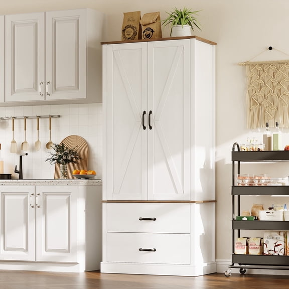 Kitchen Pantry Cabinet, 65” Barn Door Kitchen Cabinet with Barn Doors, Drawers & 2 Adjustable Shelf, Freestanding Tall Hutch