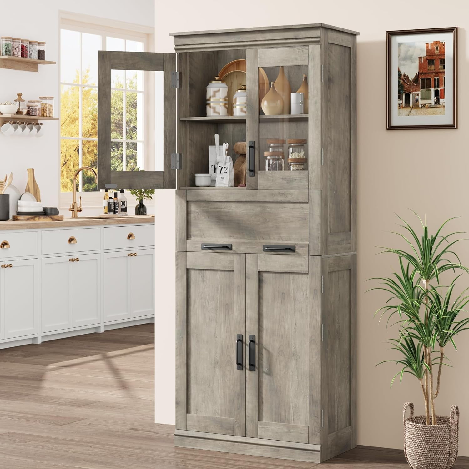 71" Tall White Pantry Cabinet - 47" Wide Freestanding Kitchen Storage With Doors, Shelves & Drawer, For Kitchen, Dining, Utility Room