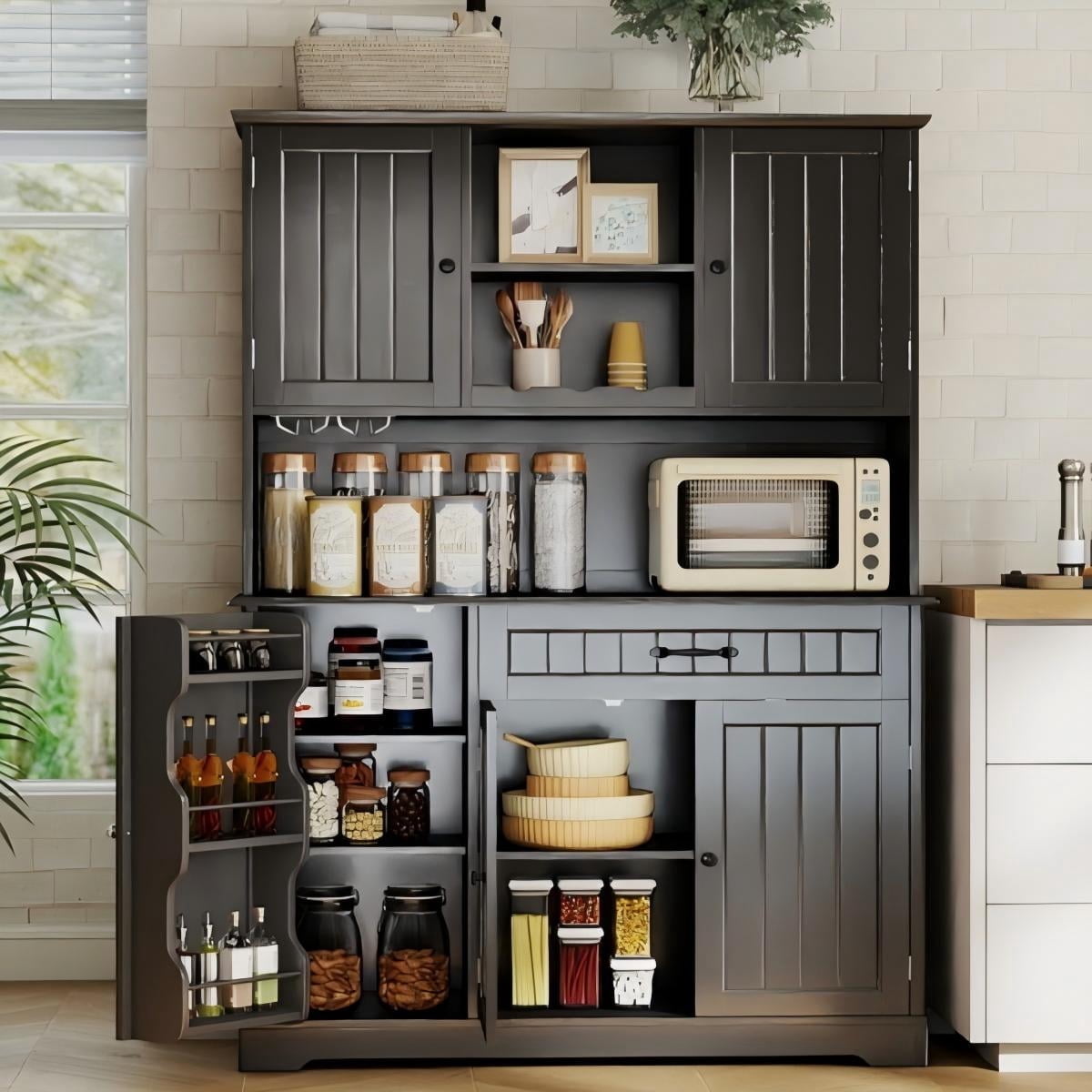 67" Kitchen Pantry Cabinet with Microwave Shelf, 5 Doors & 15 Adjustable Shelves, Large Storage Organizer, Also Perfect as Coffee Bar with Wine Glass Racks