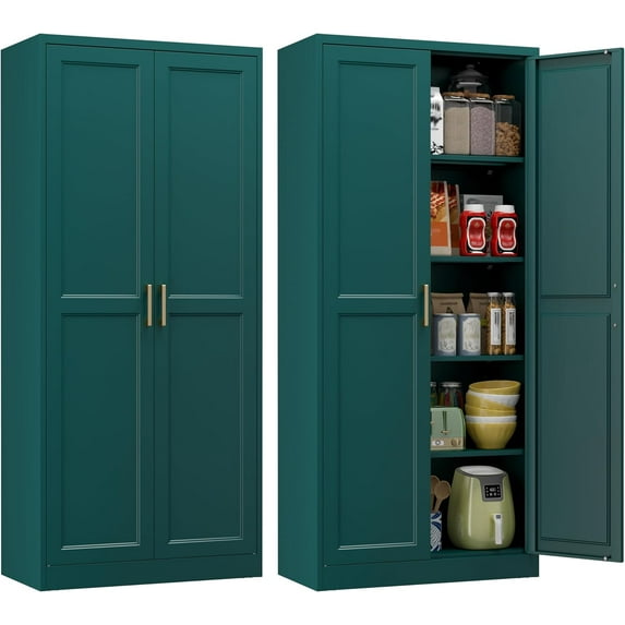 Kitchen Pantry Cabinet, 71 Inch Tall Metal Pantry Cabinet with Doors and Adjustable Shelves, Freestanding Food Cupboard, Storage Cabinets for Dining, Living Room, Green-Teal, Assemble Required