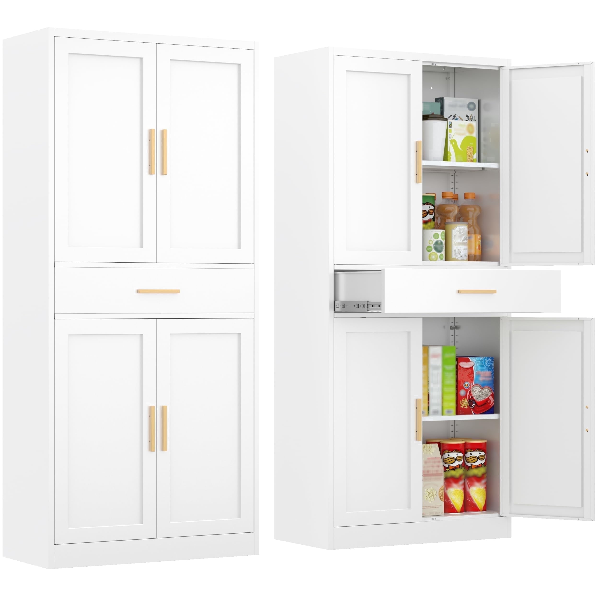 Kitchen Pantry Cabinet,71” Metal Tall Pantry Storage Cabinet with Doors 2 Adjustable Shelves and a Drawer,Kitchen Storage Cabinets White Freestanding Food Cabinet for Pantries, Kitchen, Dining Room