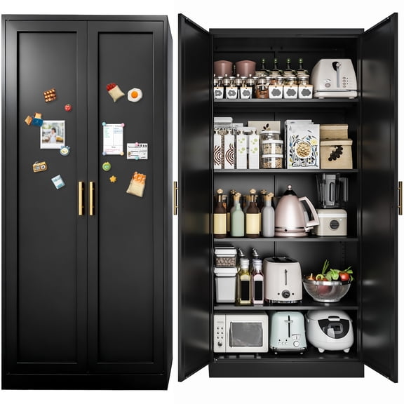 Kitchen Pantry Cabinet,71” Metal Tall Pantry Storage Cabinet with Doors and 4 Adjustable Shelves,Kitchen Storage Cabinets Black Freestanding Food Cabinet for Pantries, Kitchen, Livingroom, Dining Roo