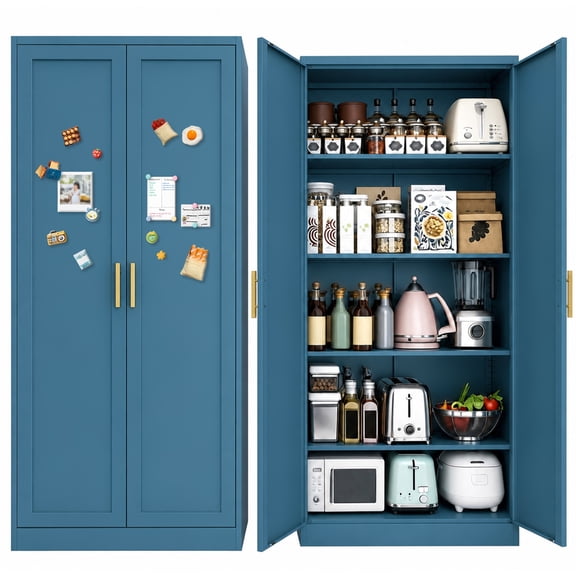 Kitchen Pantry Cabinet,71” Metal Tall Pantry Storage Cabinet with Doors and 4 Adjustable Shelves,Kitchen Storage Cabinets Blue Freestanding Food Cabinet for Pantries, Kitchen, Livingroom, Dining Room