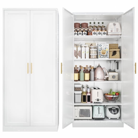 Kitchen Pantry Cabinet,71” Metal Tall Pantry Storage Cabinet with Doors and 4 Adjustable Shelves,Kitchen Storage Cabinets White Freestanding Food Cabinet for Pantries, Kitchen, Dining Room