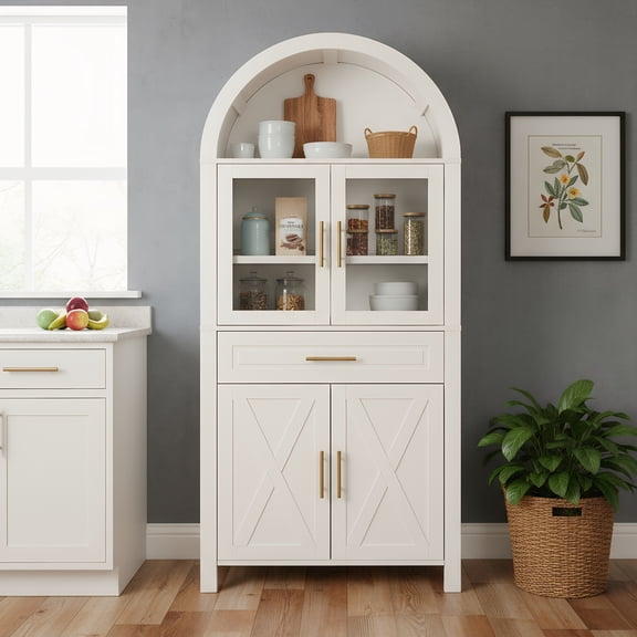 Kitchen Pantry Cabinet, 71" Tall MDF Farmhouse Storage Cupboard with Arched Tempered Glass Barn Door, Adjustable Shelves & Door Racks for Kitchen, Dining Room and Living Room, White