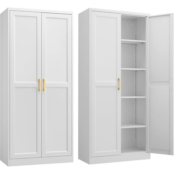 Kitchen Pantry Cabinet,71”White Metal Pantry Storage Cabinet with Doors and 4 Adjustable Shelves,Kitchen Cabinet with 2 Gold Handles,Tall Cabinet for Livingroom,Pantry, Bathroom,Kitchen
