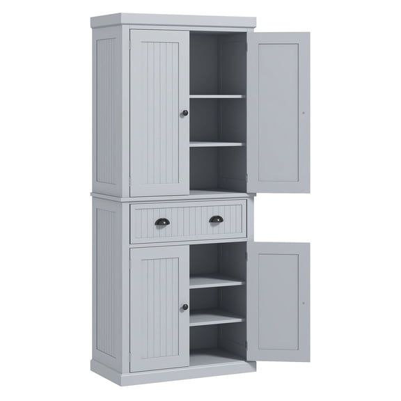 Kitchen Pantry Cabinet, 72” Freestanding Storage Cupboard with Drawer & 4 Doors, Adjustable Shelves, Gray - Kitchen Organization