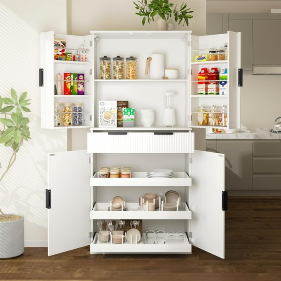 Kitchen Pantry Cabinet,72'' Tall Freestanding Cupboard Storage Cabinet with a Deep Drawer, 2 Cabinets, 3 Keyboard Drawers,4 Adjustable Shelves, 6 Door Shelves for Kitchen,Bathroom (White, 1 Drawer)