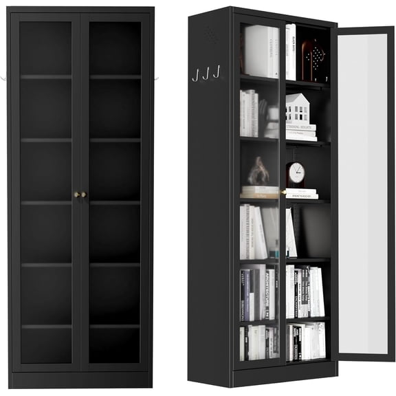 Kitchen Pantry Cabinet, 72" Tall Pantry Storage Cabinet with Adjustable Shelves and Glass Doors, Metal Storage Cabinets with Handle for Living Room, Kitchen, Assemble Required (Black)