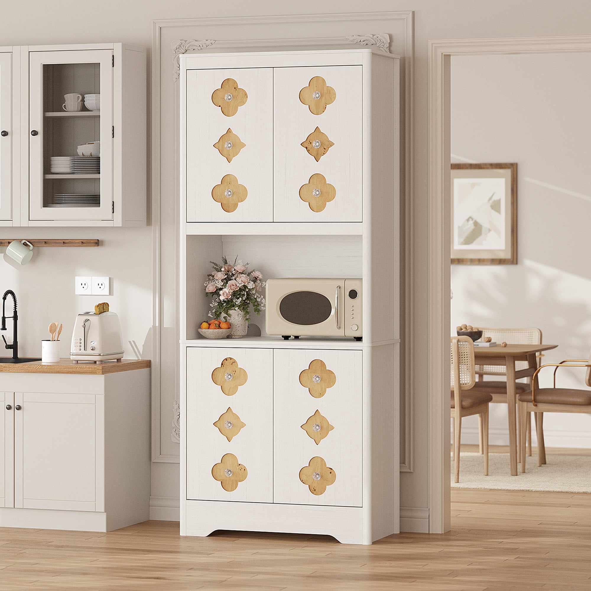 Kitchen Pantry Cabinet, 72" Tall Storage Cabinet with Countertop, Freestanding Wooden Hutch Cupboard with Carved Door & Crystal Handle, for Dining Room, Living Room