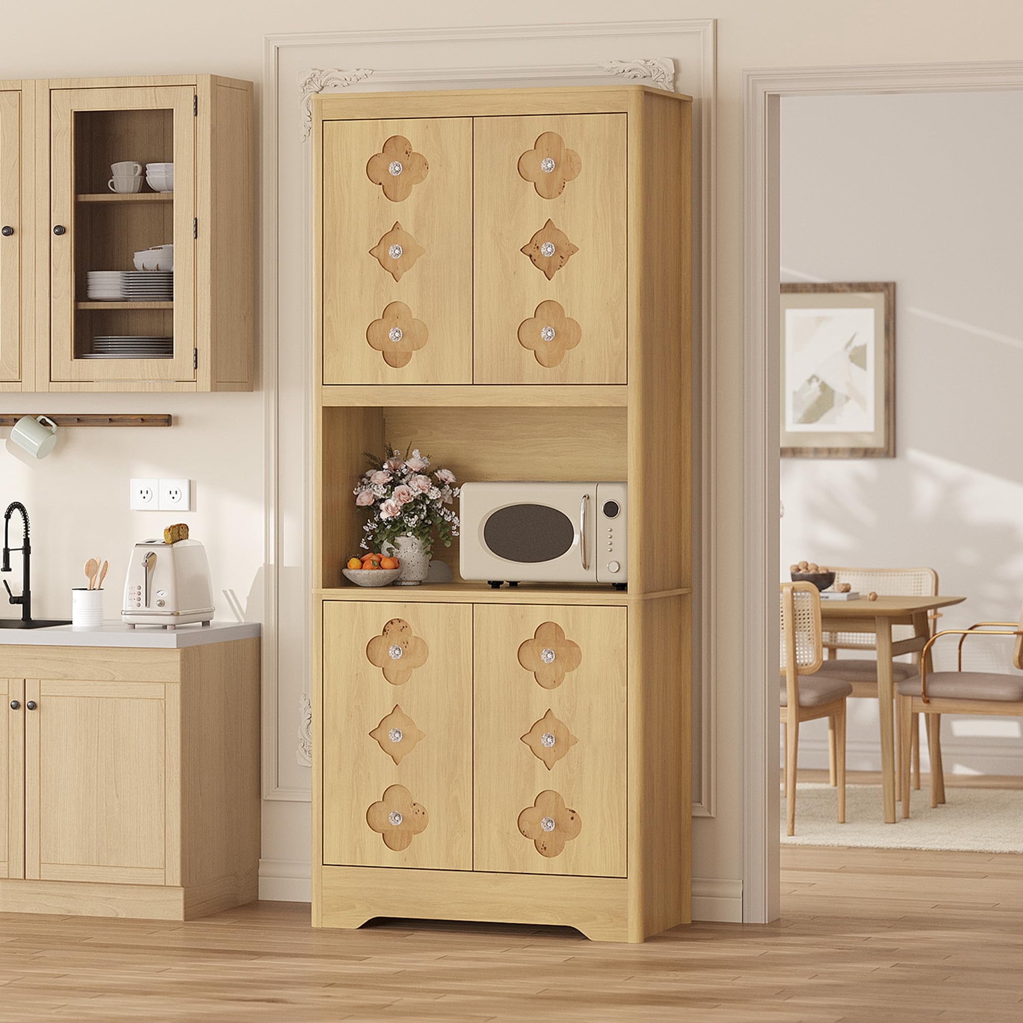 Kitchen Pantry Cabinet, 72" Tall Storage Cabinet with Countertop, Freestanding Wooden Hutch Cupboard with Carved Door & Crystal Handle, for Dining Room, Living Room