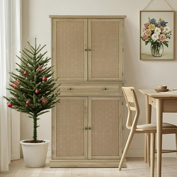 Kitchen Pantry Cabinet 72", Tall Storage Pantries with 4 Doors and 4 Adjustable Shelves, Farmhouse Food Cabinet with 1 Drawer for Kitchen, Dining Room, Living Room (Wood Color)