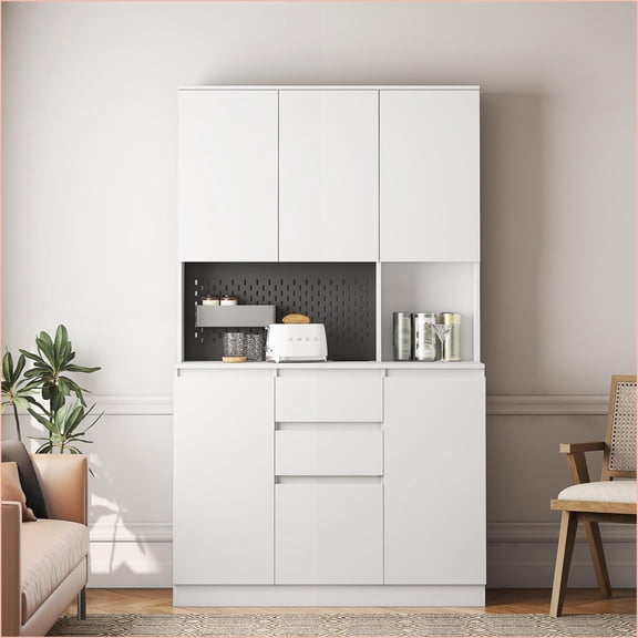 Kitchen Pantry Cabinet 74'' Modern White with Charging Station & Microwave Stand | MDF Back Panel | E1 Particleboard