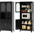 thumbnail image 1 of Kitchen Pantry Cabinet, 75" Tall Metal Storage Cabinets with Microwave Stand, Black Hutch Cabinet with Glass Doors and Adjustable Shelves, Freestanding Food Pantry Cupboard for Kitchen, Dining Room, 1 of 8