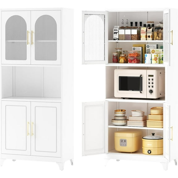 Kitchen Pantry Cabinet, 75" Tall Metal Storage Cabinets with Microwave Stand, White Hutch Cabinet with Glass Doors and Adjustable Shelves, Freestanding Food Pantry Cupboard for Kitchen, Dining Room