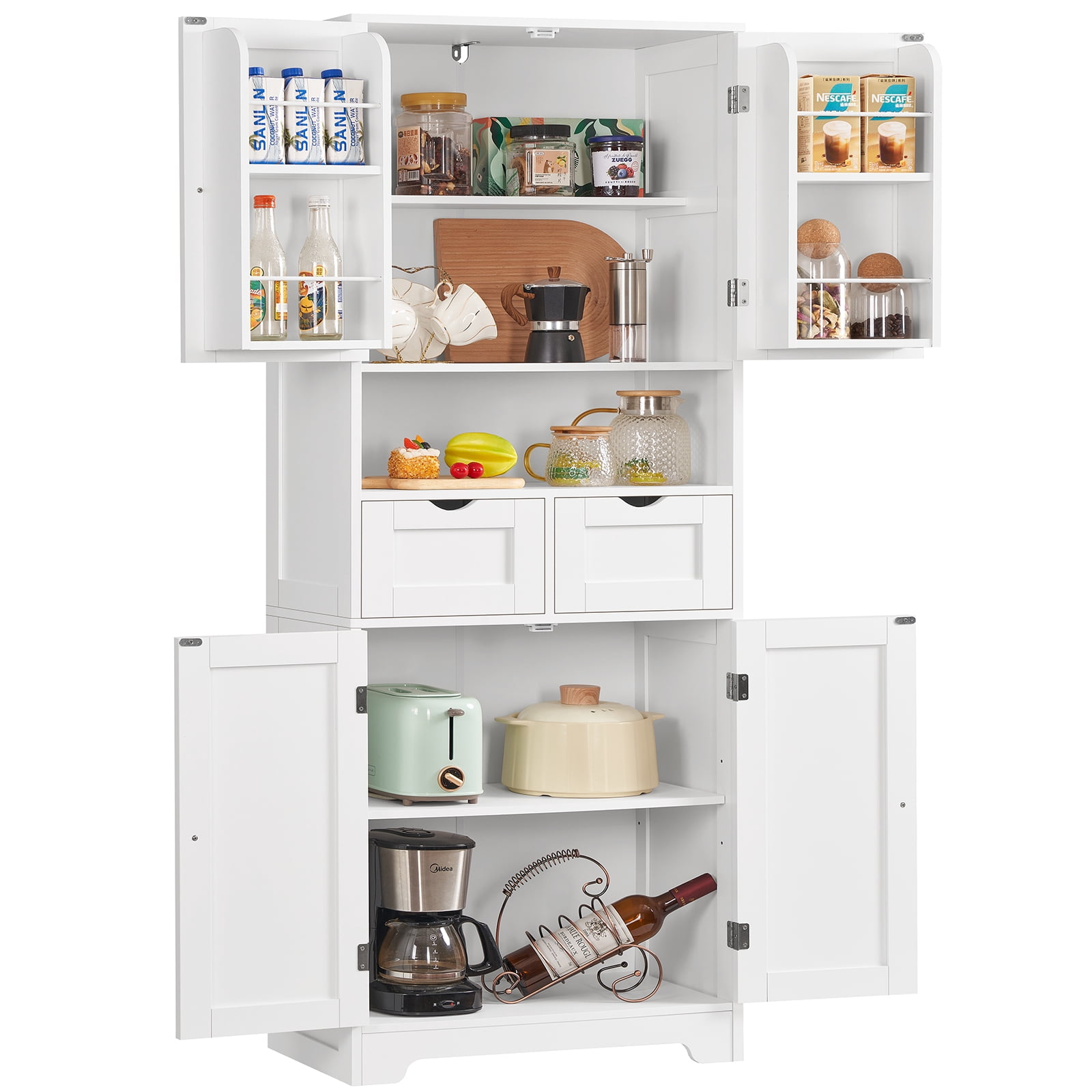 TEENFON Kitchen Pantry Cabinet with Adjustable Shelf, Tall Storage Cabinet with 2 Drawers & 4 Door Shelves, Food Pantry Cabinets, for Kitchen, White