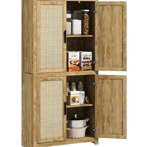 Kitchen Pantry Organizer | Two 2-Tier Storage Compartments | Rattan Doors with Warmth and Style | Anti-Tipping Hardware for Stable Placement