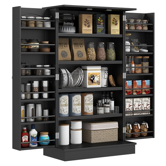 Kitchen Pantry Cabinet, Black Wood Kitchen Storage with Doors, 5-Tier Shelves, Spice Rack, Adjustable Shelves, Freestanding Organizer for Kitchen, Dining Room