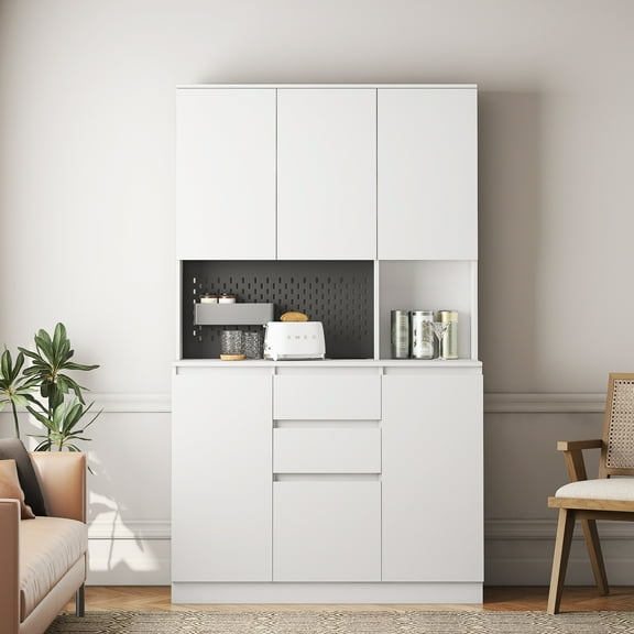 Kitchen Pantry Cabinet with Charging Station, Buffet Cupboards Sideboard with Drawer, Modern Kitchen Pantry Storage Cabinet with Microwave Stand for Kitchen,Living Room,Dinning Room, White