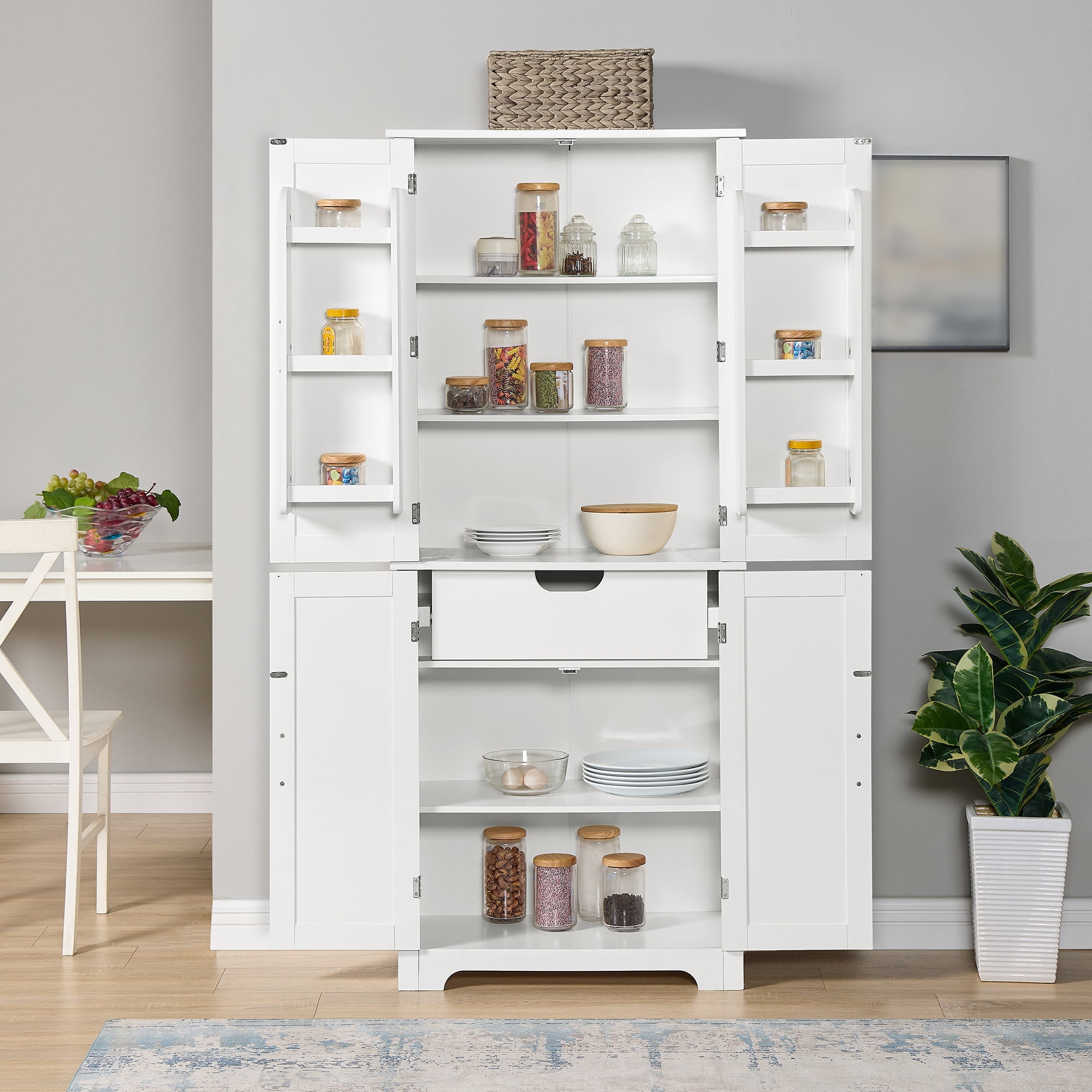 Fancy Tall 4 Door Storage Cabinet Kitchen Pantry Cupboard Organizer Closet Laundry Room White
