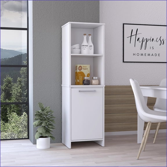 Kitchen Pantry Cabinet, Danforth Single Door 4 Shelves | Modern | White Engineered Wood