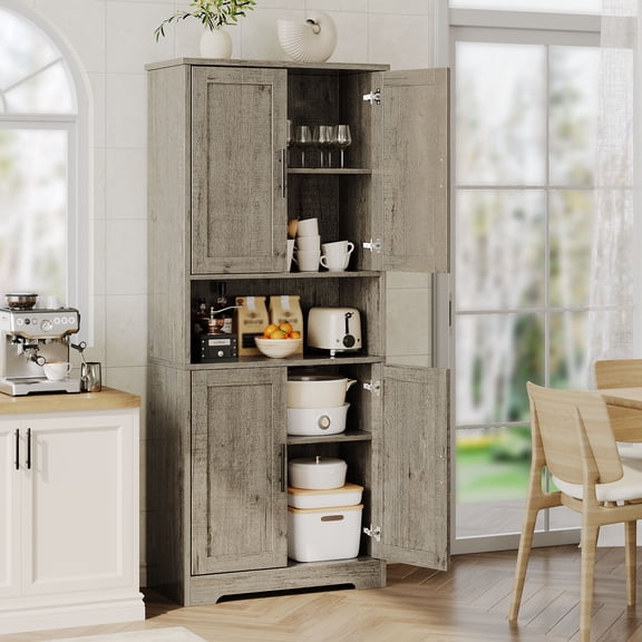 Kitchen Pantry Cabinet with Doors, Farmhouse Storage Cabinet, with Doors and Adjustable Shelves, Freestanding Cupboard, Modern Storage Cabinet, for Kitchen, Dining Room, Living Room, 70"