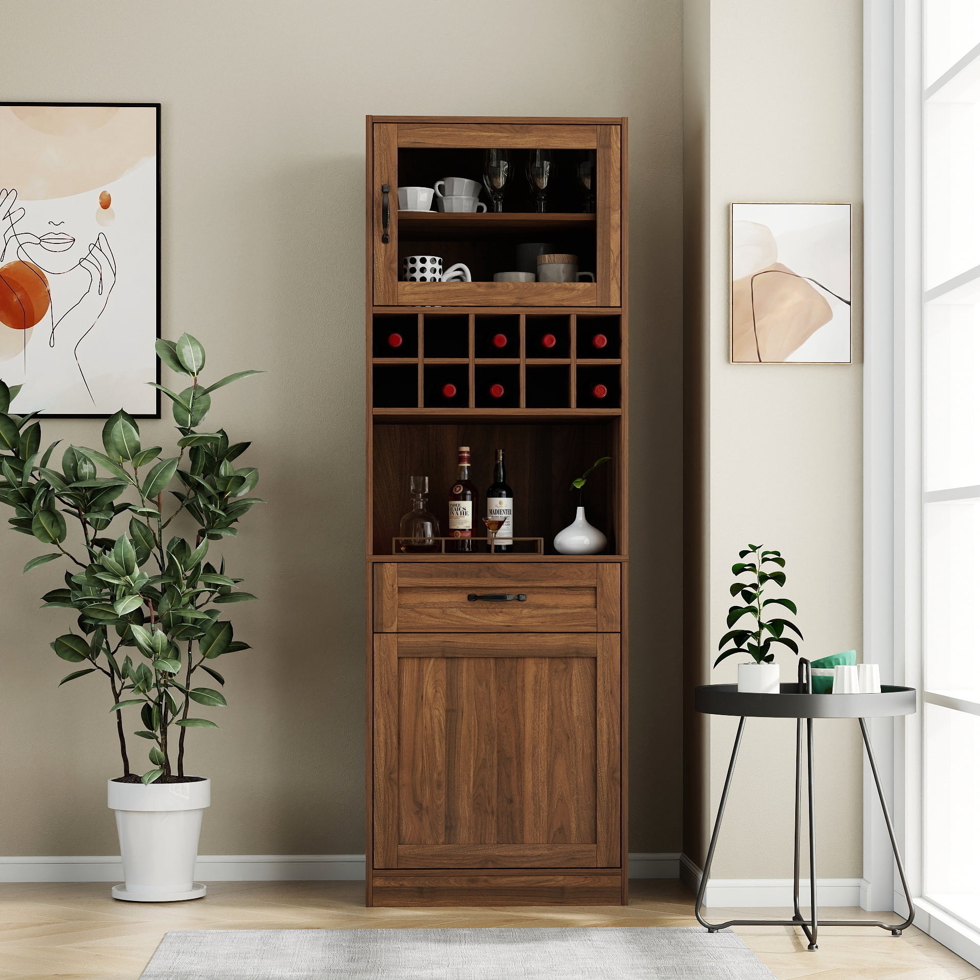 Kitchen Pantry Cabinet Farmhouse Storage Cabinet with Glass Door Pull-Out Shelf, Walnut