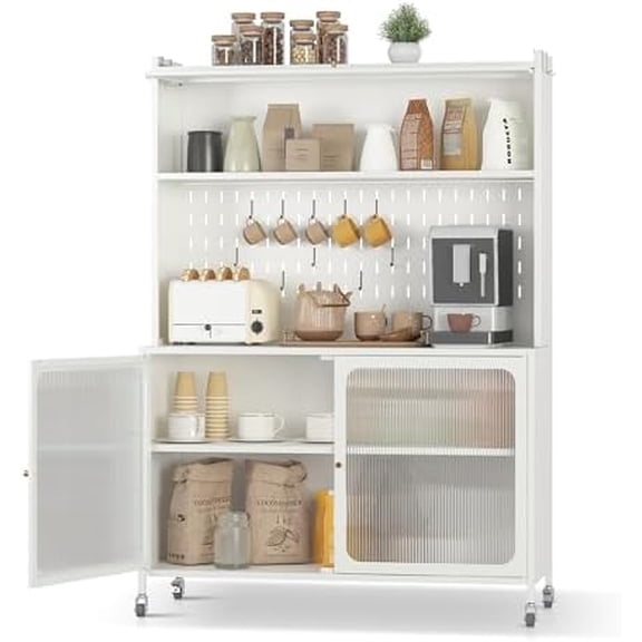 Kitchen Pantry Cabinet with Flip-Top Door, Coffee Bar with Storage, Metal Microwave Stand for Kitchen Buffet Cabinet with PegboardWhite$$Home Decor, Kitchen, & Other