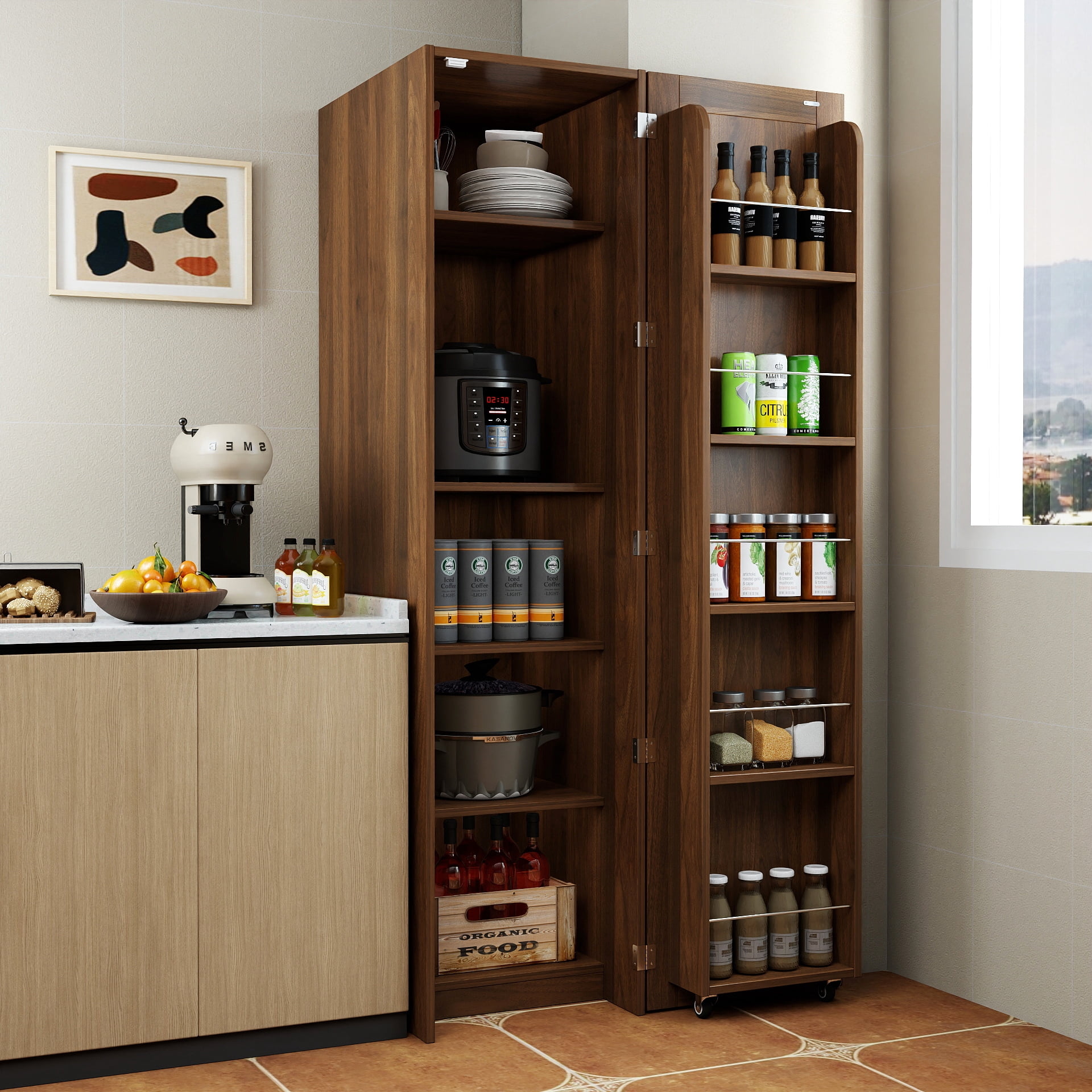 Kitchen Pantry Cabinet Freestanding Buffet Cupboard with Adjustable Shelves Side Racks, Brown