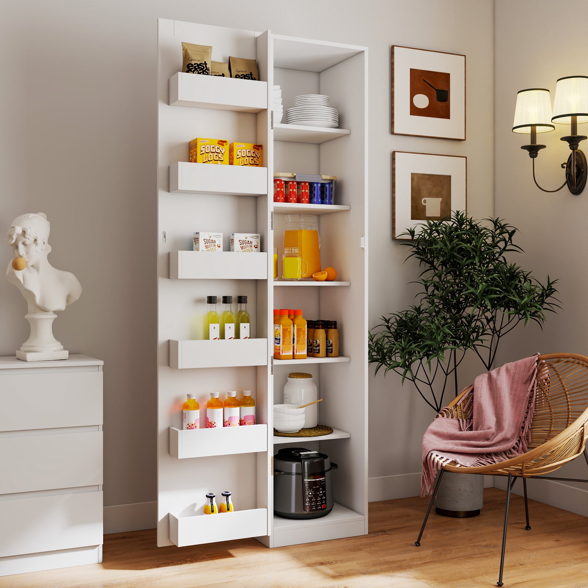 Kitchen Pantry Cabinet Freestanding Buffet Cupboard with Adjustable Shelves Side Racks, White