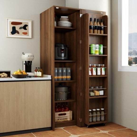Kitchen Pantry Cabinet, Freestanding Storage Cabinet with Doors & Adjustable Shelves, Buffet Sideboard Cupboard for Kitchen Living Room Dining Room, Brown