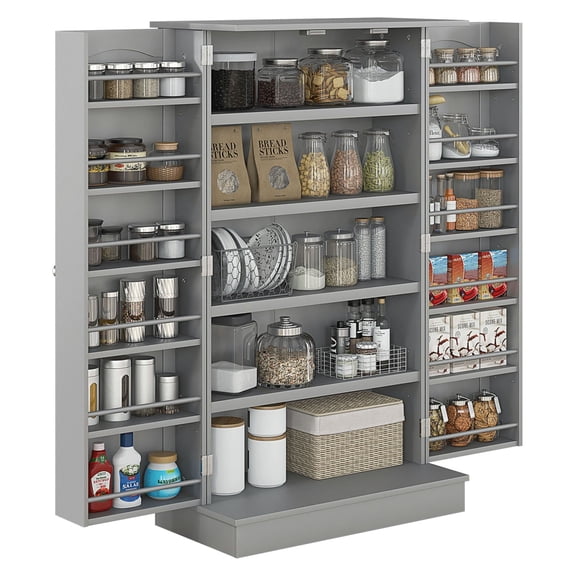 Kitchen Pantry Cabinet - Freestanding Storage with Shelves, Double Door Kitchen Organizer, 5-Tier Adjustable, Gray