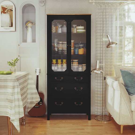 Kitchen Pantry Cabinet, Freestanding Tall Storage Cabinet, Utility Cupboard, Pantry Cabinet with Tempered Glass Doors and Adjustable Shelves for Kitchen, Living Room, Dining Room