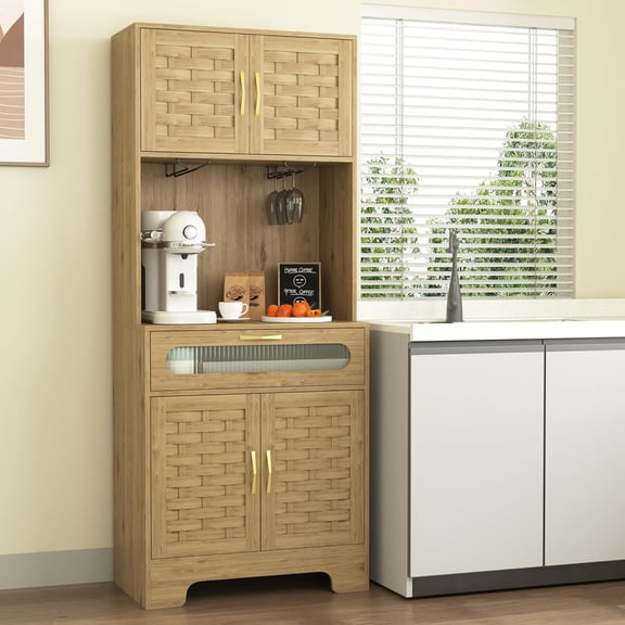 Kitchen Pantry Cabinet, Handmade Woven Wood Rustic Buffet Hutch Cabinet with Storage Drawer & Adjustable Shelf, Farmhouse Tall Cupboard Microwave Stand Coffee Bar for Kitchen,Dining Room, Living Room