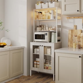 Kitchen Pantry Cabinet with LED Lights & Power Outlet, 66.9" H Kitchen Bakers Rack with Storage Shelves, Bar Cabinet with Glass Doors for Dining Room, Living Room, Hallway