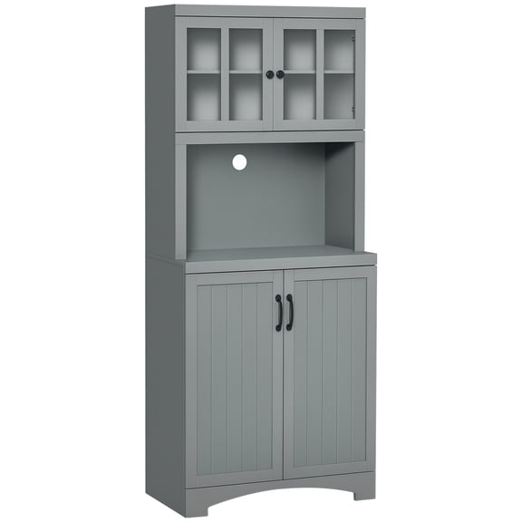 Kitchen Pantry Cabinet with Microwave Space and Adjustable Shelves, MDF Farmhouse Hutch with Glass Framed Doors and Beadboard Panels, 70" H x 28.75" W x 16.25" D, Gray Finish