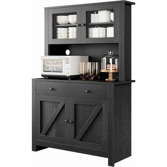 Kitchen Pantry Cabinet with Microwave Stand, Freestanding Hutch Cabinet with Buffet Cupboard, Tall Kitchen Cabinets with Adjustable Shelves for Dining Room, Black