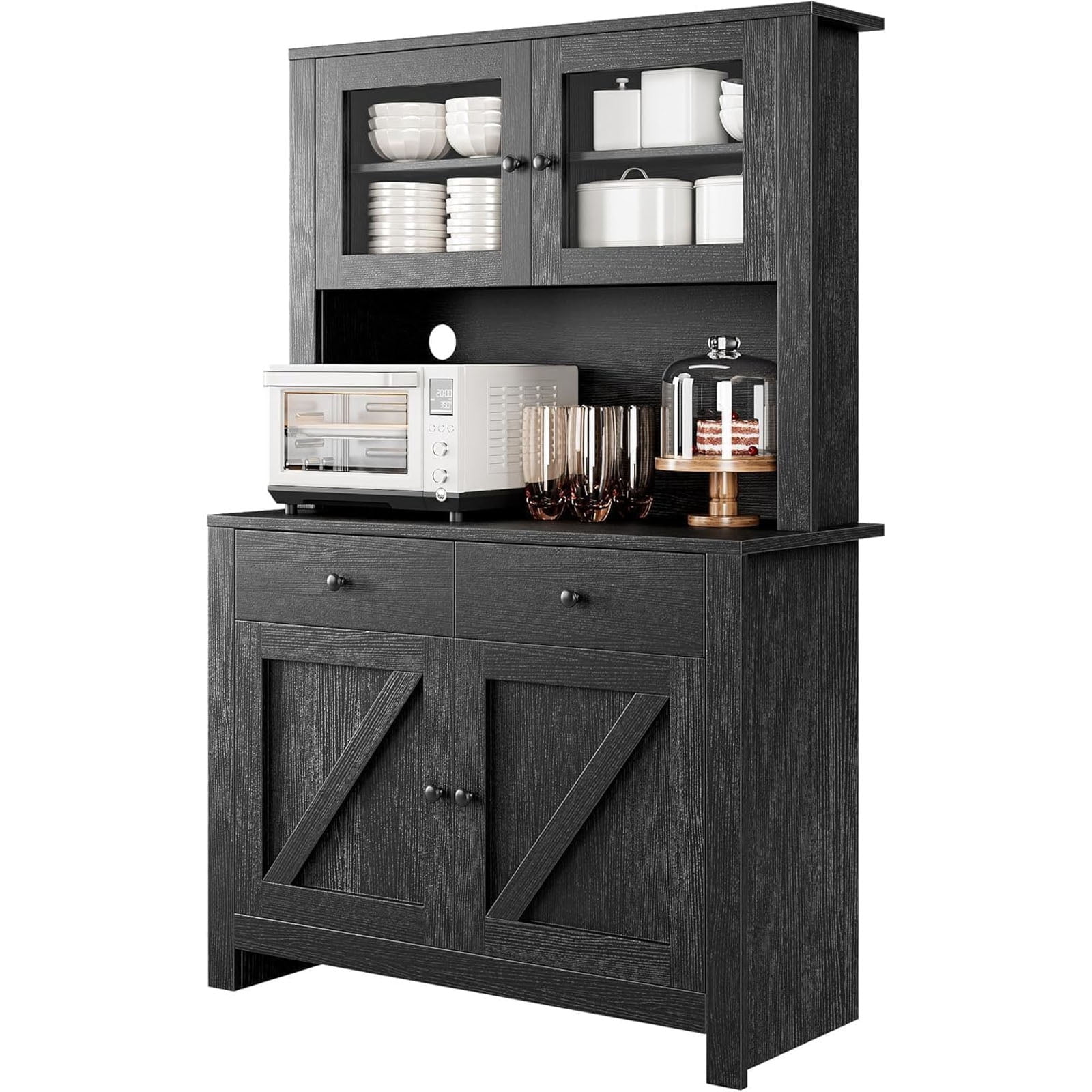 Kitchen Pantry Cabinet with Microwave Stand, Freestanding Hutch Cabinet with Buffet Cupboard, Tall Storage Cabinets with Adjustable Shelves for Kitchen, Dining Room