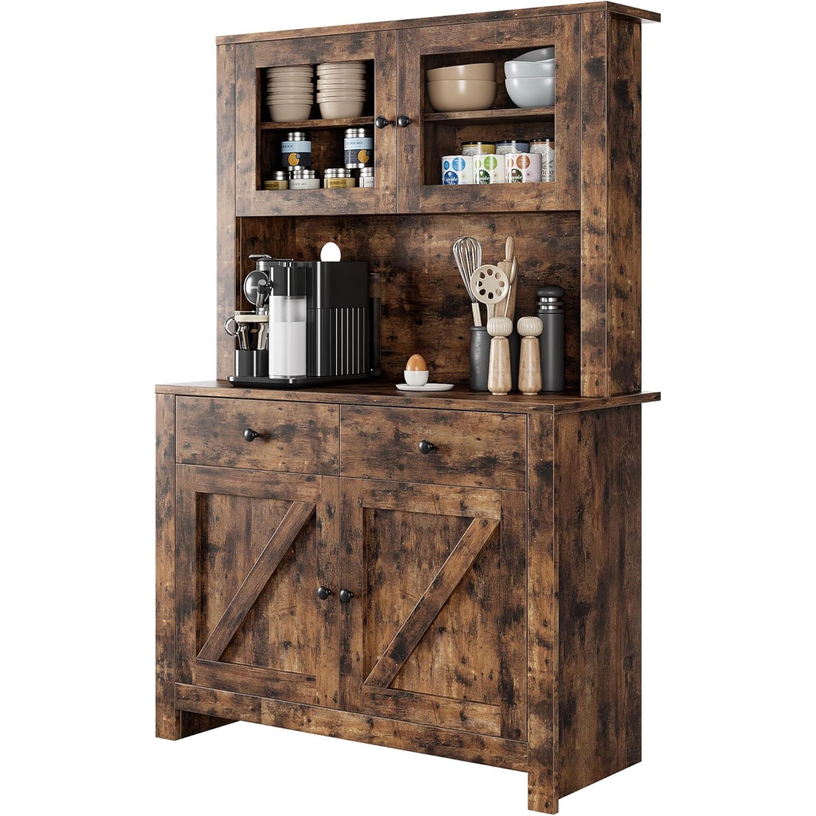 Kitchen Pantry Cabinet with Microwave Stand, Freestanding Hutch Cabinet with Buffet Cupboard, Tall Storage Cabinets with Adjustable Shelves for Kitchen, Dining Room