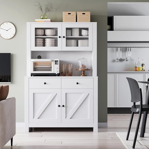Kitchen Pantry Cabinet with Microwave Stand, Freestanding Hutch with Drawers, Doors & Adjustable Shelves, Buffet Cabinet with Storage, Food Pantry for Kitchen, Dining Room, White