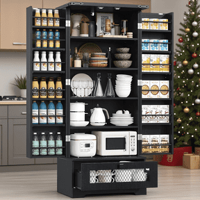 Kitchen Pantry Cabinet, Pantry Storage Cabinet with Adjustable Shelves and Drawer, Kitchen Buffet Cupboards Storage Shelf for Home Office Use (Black, 16" D x 24" W x 55" H)