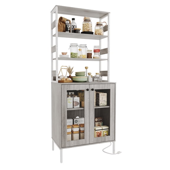 Kitchen Pantry Cabinet with Power Outlets, Storage/LED Lights, Coffee Hutch with Countertop, Metal Microwave Stand with Glass Doors for Dining Room, Laundry, Hallway - Gray