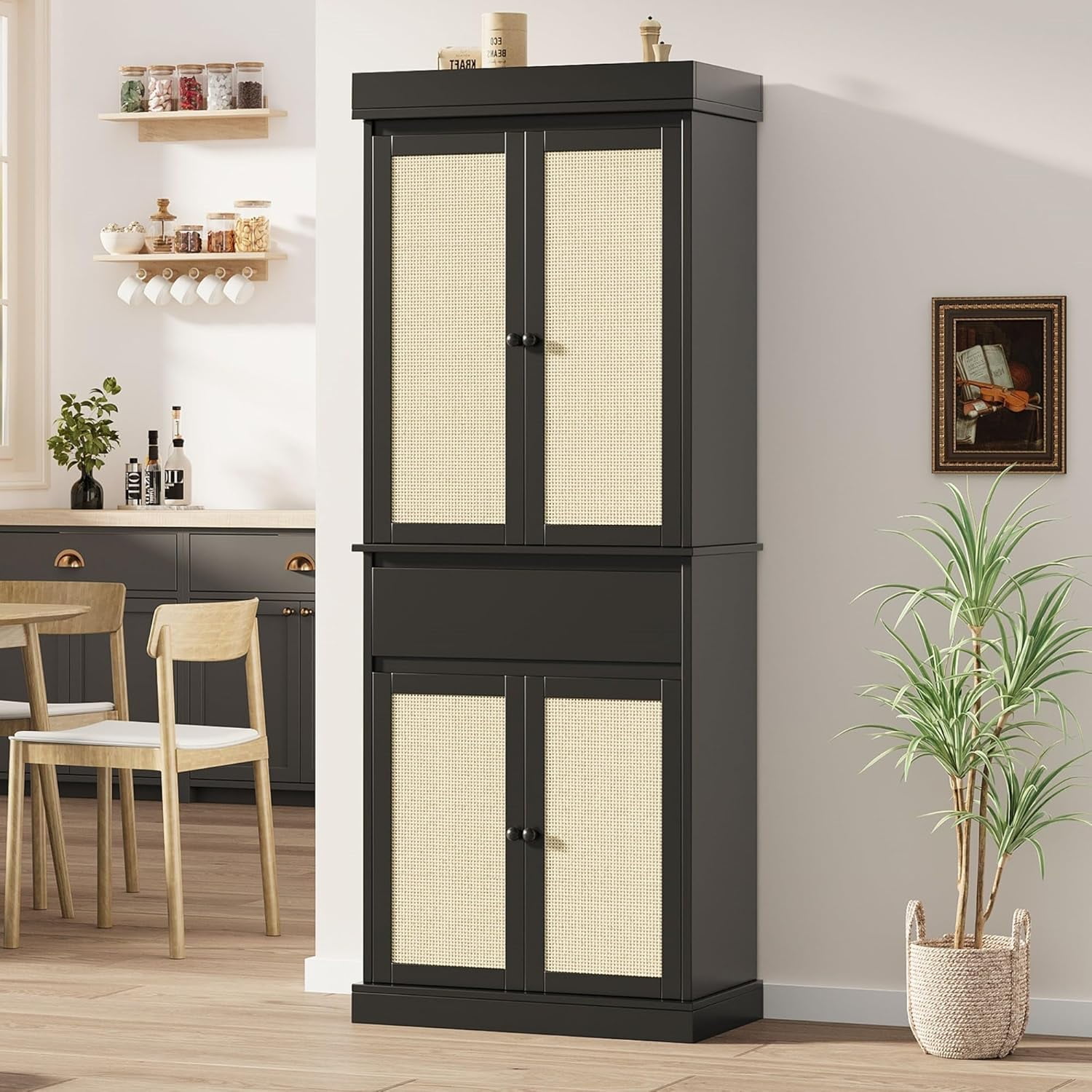 Tall Black MDF Kitchen Pantry Cabinet with Rattan Doors