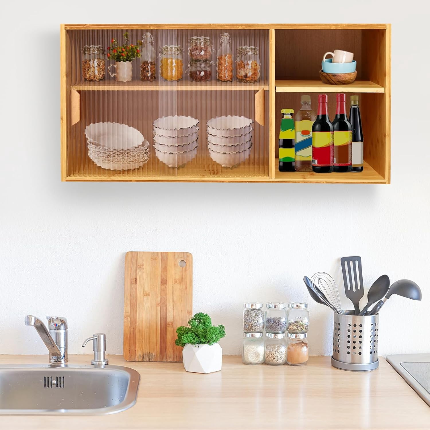 Kitchen Pantry Cabinet, Wall Mount or Countertop Sideboard with Glass Doors, 2 Tiers Rectangular Cupboard Food Pantry Cabinet for Kitchen, Dining Room, or Living Room (Log Color)