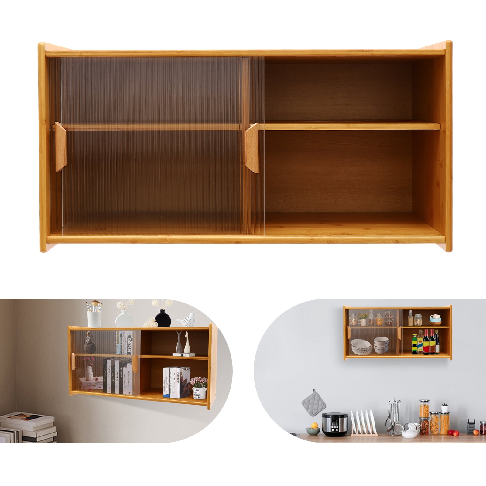 Kitchen Pantry Cabinet, Wall Mounted Bamboo Pantry Sideboard Wood Small 2-Tier Countertop Storage Cabinet with Sliding Glass Door Food & Utensils Cupboard for Dining Room, Home
