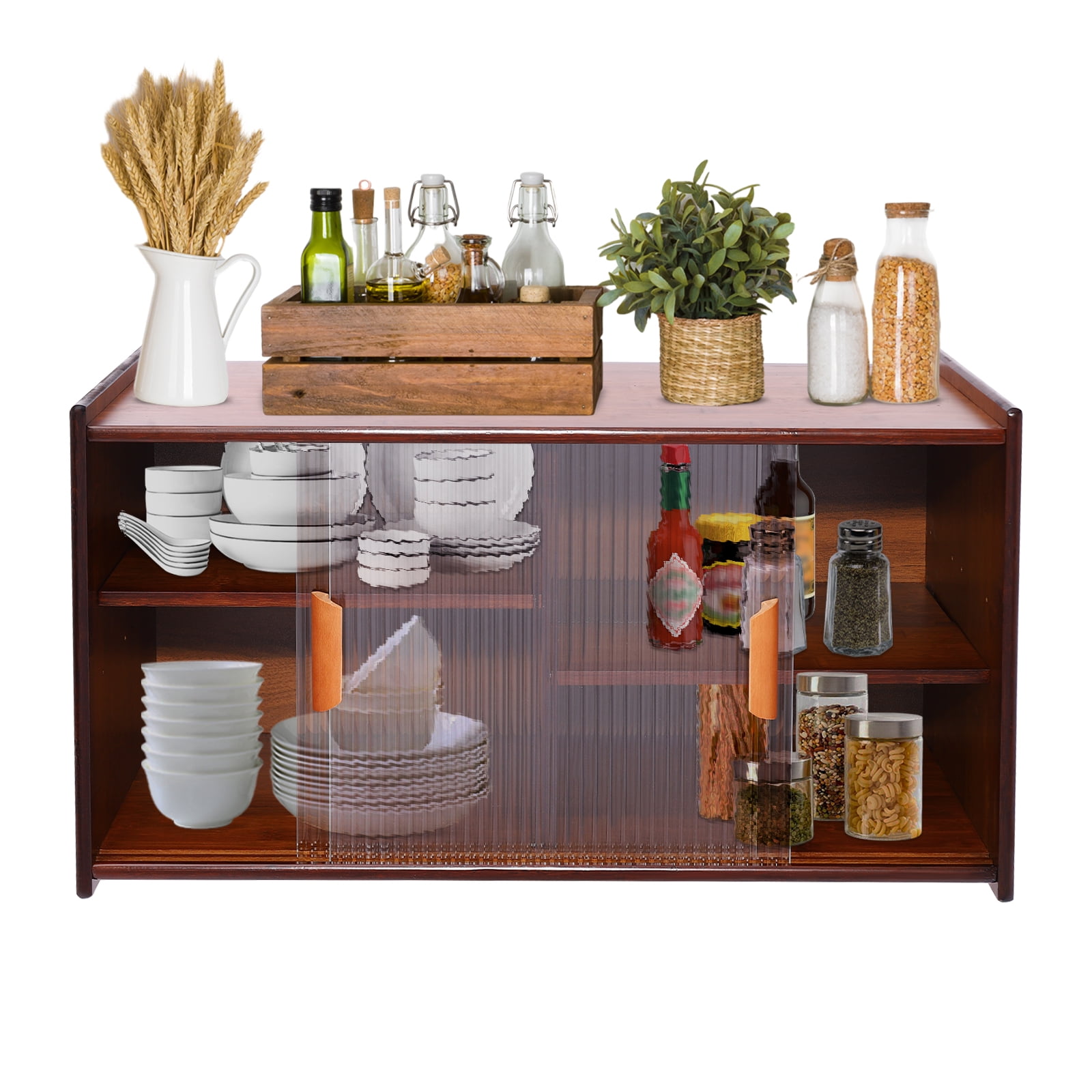 Kitchen Pantry Cabinet, Wall Mounted Bamboo Pantry Sideboard Wood Small 2-Tier Countertop Storage Cabinet with Sliding Glass Door Food & Utensils Cupboard for Dining Room, Home