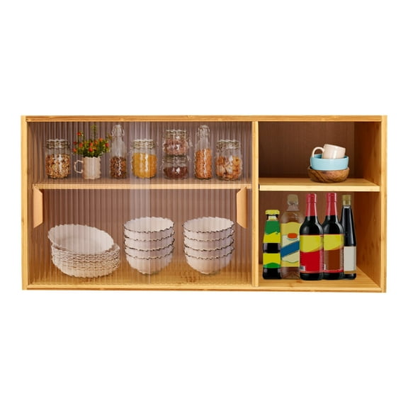 Kitchen Pantry Cabinet, Wall Mounted Bamboo Pantry Sideboard Wood Small 2-Tier Countertop Storage Cabinet with Sliding Glass Door Food & Utensils Cupboard for Dining Room, Home