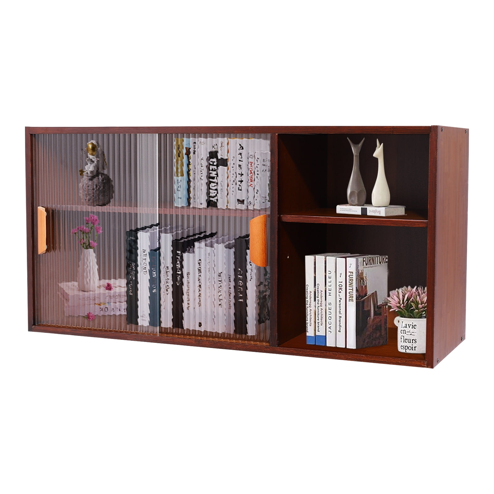Kitchen Pantry Cabinet, Wall Mounted Bamboo Pantry Sideboard Wood Small 2-Tier Countertop Storage Cabinet with Sliding Glass Door Food & Utensils Cupboard for Dining Room, Home