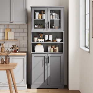 Kitchen Pantry Cabinet, Wood Coffee Bar Cabinet with 4 Doors and 1 Drawer, Farmhouse Storage Cabinet with Microwave Stand and Adjustable Shelf, Hutch Cupboard for Dining Room