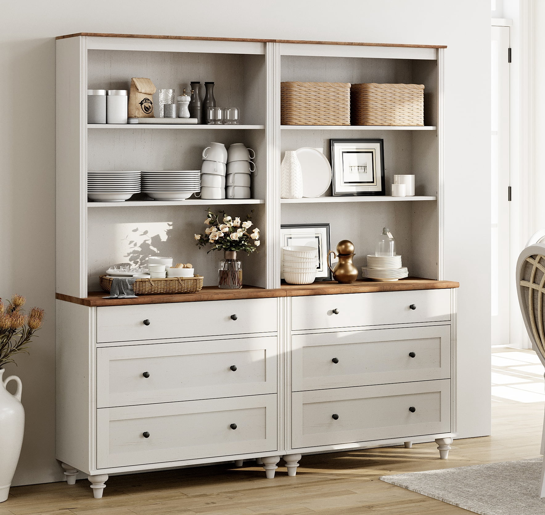Kitchen Pantry Cabinet with 6 Drawers, Farmhouse Storage Cabinet with Adjustable Shleves for Kitchen, Living Room, Bedroom, Home Office, White